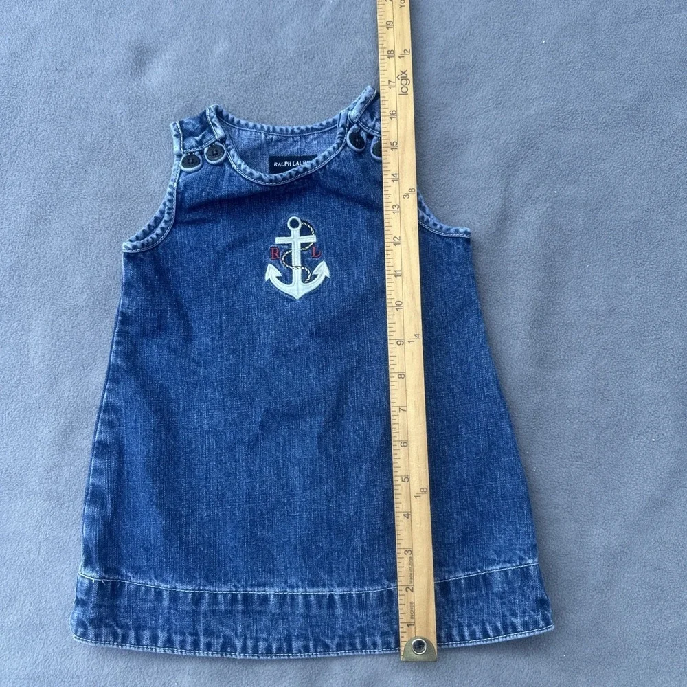 VTG Ralph Lauren Denim Overall Dress Size 18M Baby Girls Blue Jumper Anchor Logo